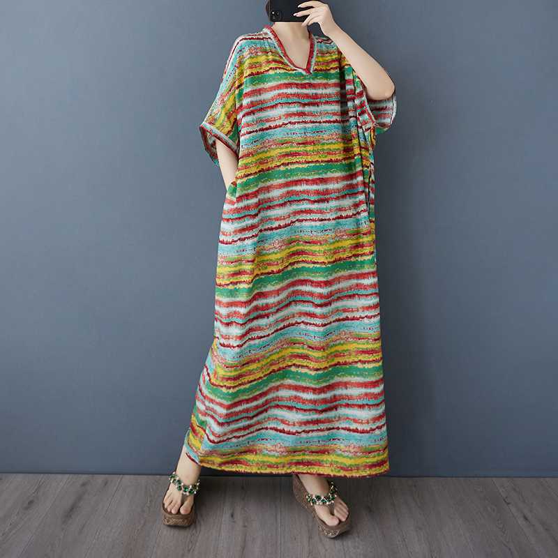 Ladies' V-neck Vintage Long Skirt Cotton Linen Dress