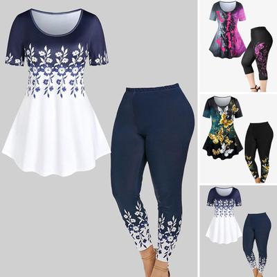 2 Teile/satz Frauen Oansatz Kurzarm Lose Saum Tops Hohe Taille Leggings Yoga Hosen Druck Sport Outfit Streetwear