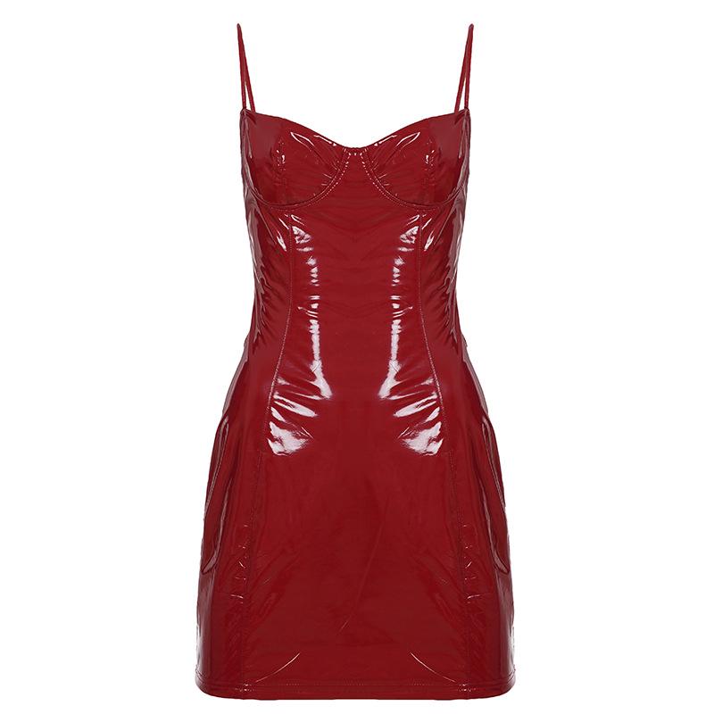 

European & American Sexy Slim Fit Bright Leather Spaghetti Strap Party Skirt L