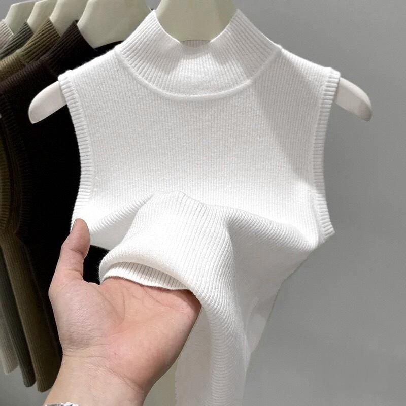 Korean Retro Half Turtleneck Slim Knitted Vest Women Solid Color Elegant Sleeveless Crop Top A1