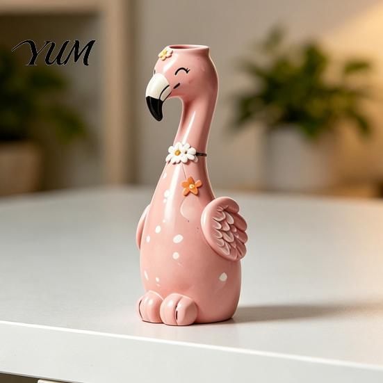 Cute Animal Shape Vase Resin Flamingo Decorative Vase, Pink Flower Holder Figurine, Hand Painted Figurine Tabletop Ornament for Dried Artificial