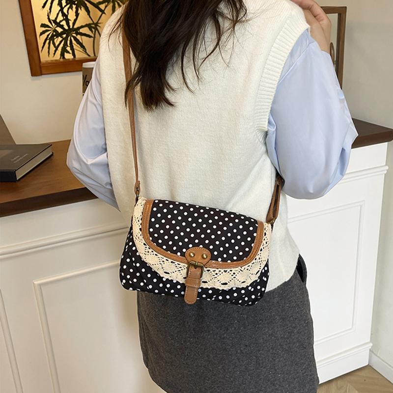 Modische Leinwand-Umhängetasche im koreanischen Stil Neue gepunktete Spitze Schultertasche Süß Exquisit Retro Kontrastfarben Design Damen Taschen KTB