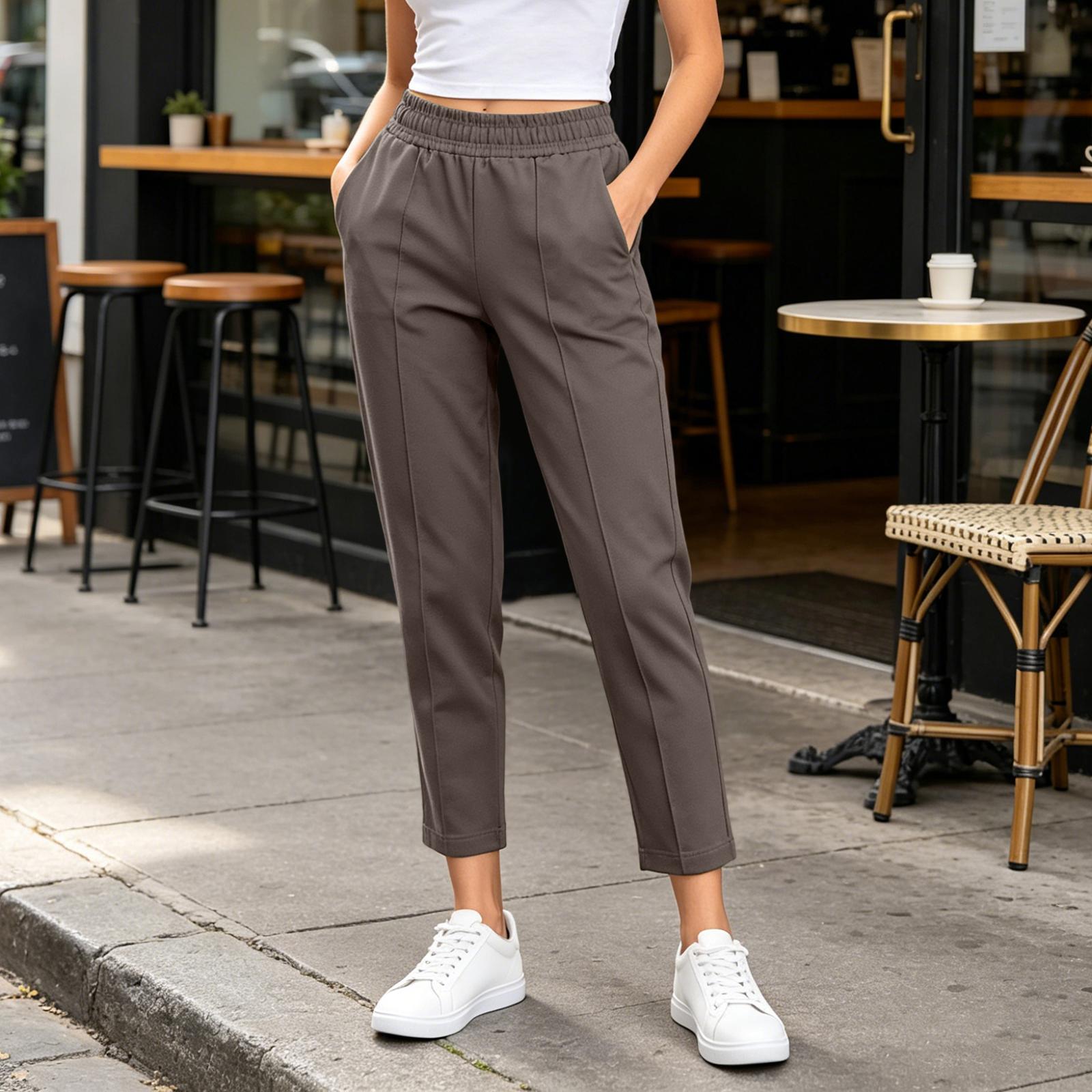 

Casual Elastic Waistband Pants for Women with Pockets Straight Leg Lightweight Comfortable Fit Suitable for Everyday Wear M коричневый