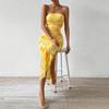 Elegant Printed Strapless Hip Hugging Long Dress Summer 2026 Sleeveless Slit High Waist Slim Fit A-line Holiday Party Dress Sweet Casual Clothing