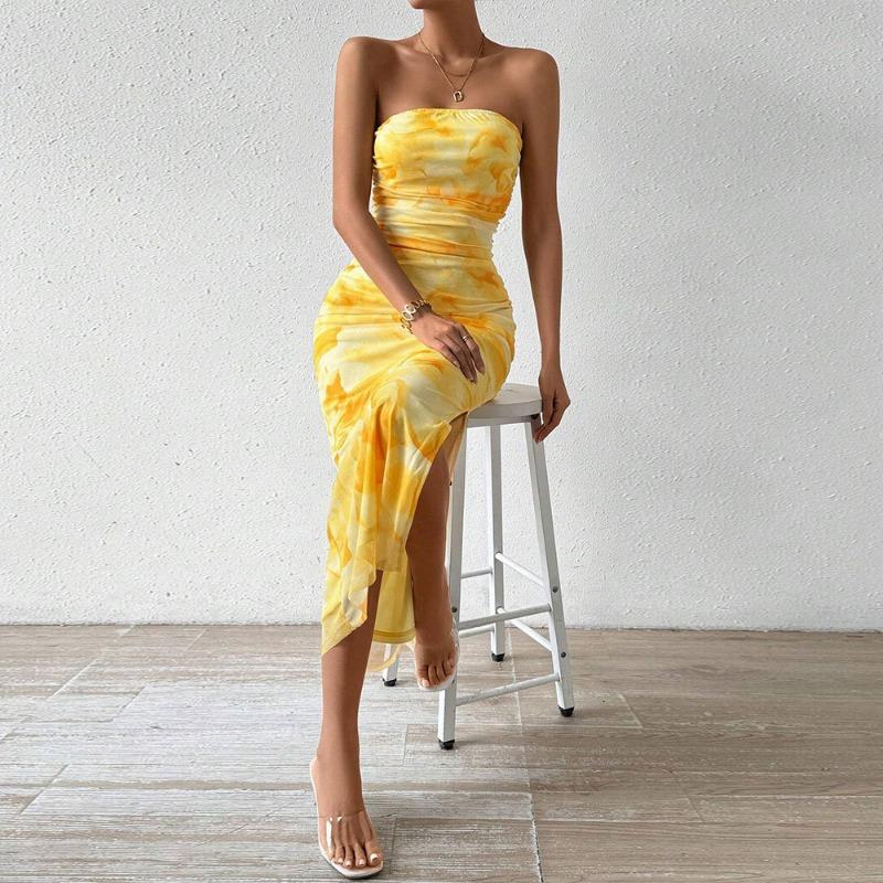 Elegant Printed Strapless Hip Hugging Long Dress Summer 2026 Sleeveless Slit High Waist Slim Fit A-line Holiday Party Dress Sweet Casual Clothing