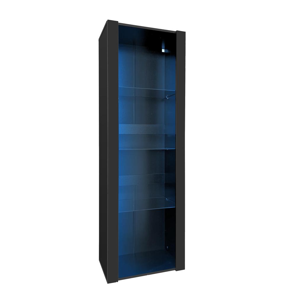 Display Cabinet Highboard 3 Glass Shelves, Modern Glass Display Cabinet, Black High Gloss Front, Free-Standing Display Cabinets, Living Room Office Kitchen, Open Storage, 55x38x166cm