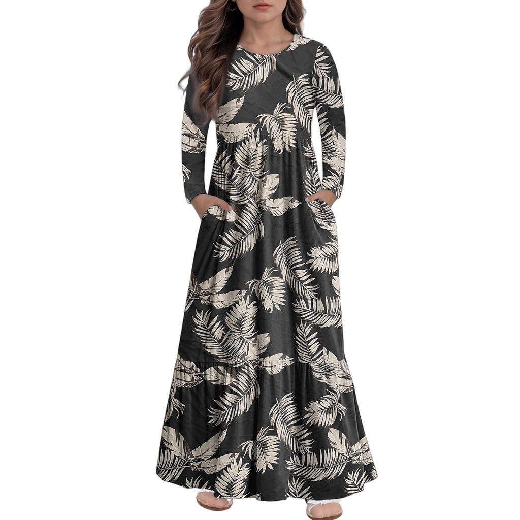 Girls' Maxi Dress Casual Holiday Dresses - Long Sleeve Dress With Pockets For 4-14Y