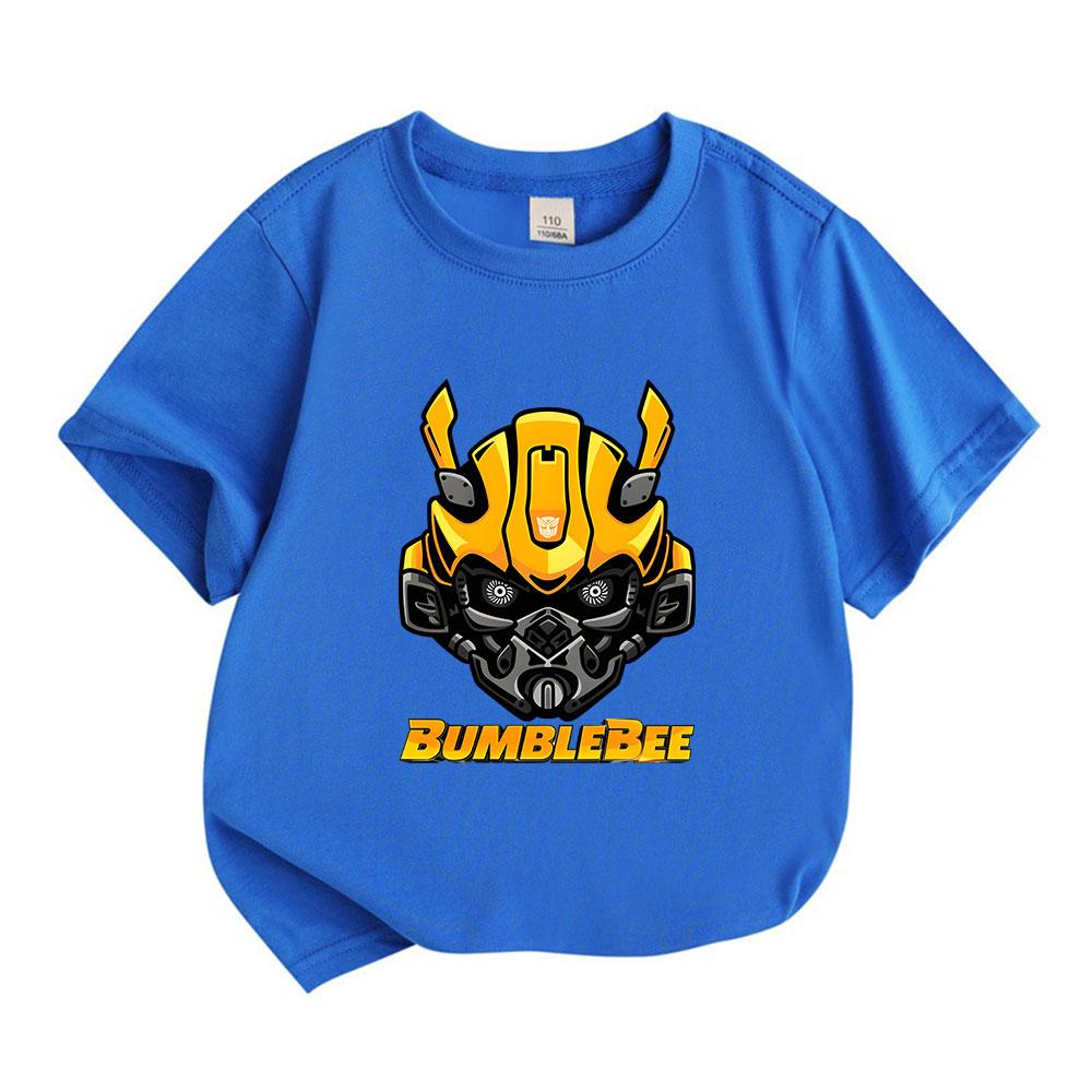 Kids Boys Girls Casual Crew Neck Short Sleeve T-Shirt, Cool Bumblebee Mecha Graphic 100% Cotton Soft Breathable Tee, Summer Daily Wear Tops for 3-12 Y