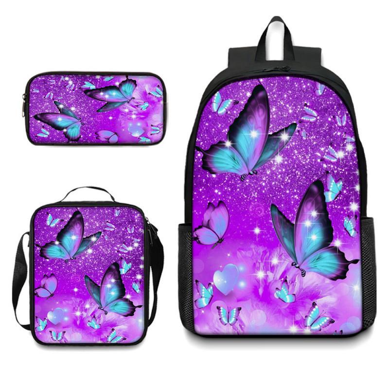 Set Zaino Scolastico con Fantasia Farfalle in Tessuto Oxford Leggero per Studenti Elementari