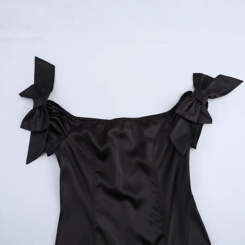 2024 Winter Women's Off-Shoulder Satin Dress with Bow - European and American Style