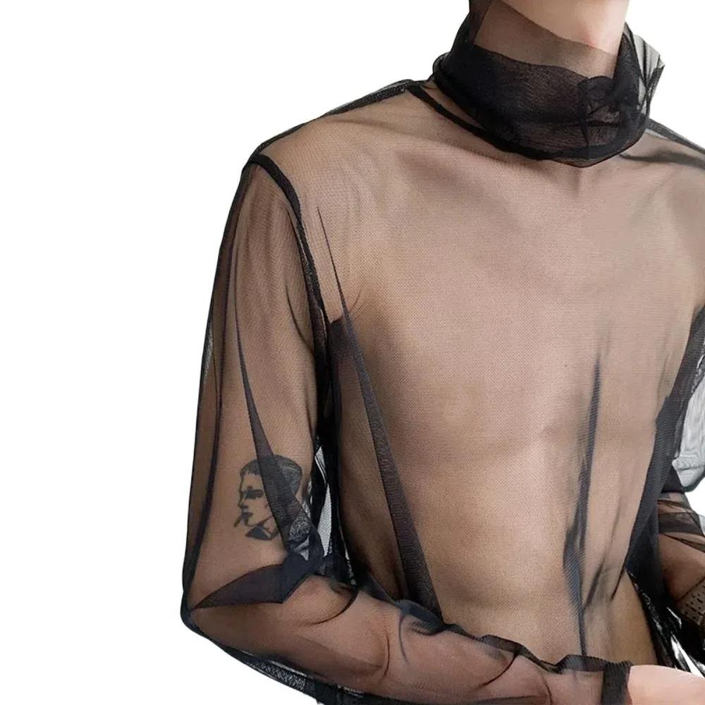 Streetwear Transparent T-shirt See-through Mesh Top Men Creative Long Sleeve T-shirt  Home