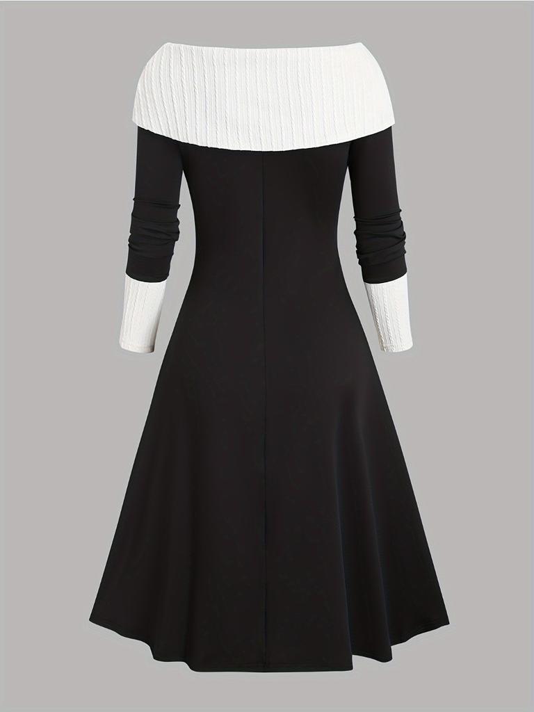 Women's Knitted Maxi Dress Round Neck Long Sleeve Patchwork Long Dresses Casual Color Block Drawstring Dress