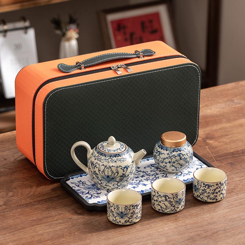 Blue and White Ru Kiln Lifting Beam Teapot Travel Kung Fu Tea Set Household Teacup Light Luxury Gift Box Business Companion Gift