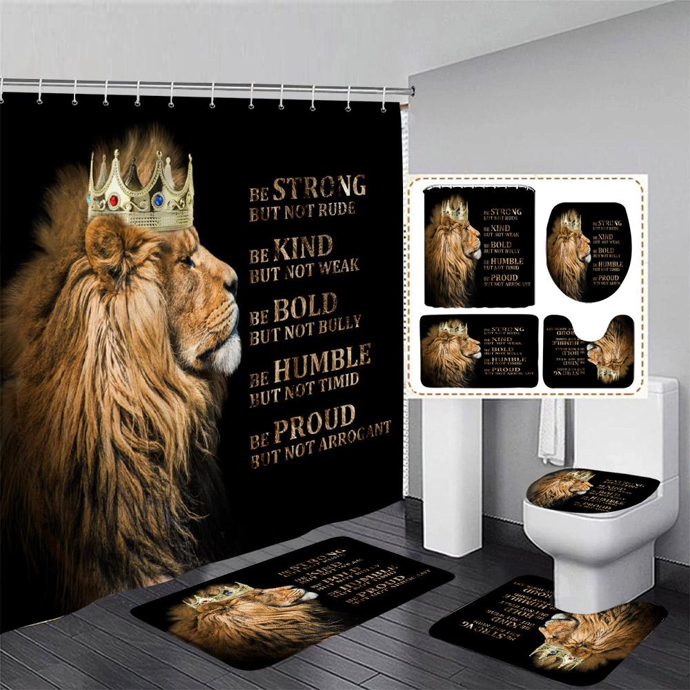 Black Lion Shower Curtain Set Wild Animal Motivational Quote Bathroom Curtains Non-Slip Bath Mat Rug Toilet Lid Cover Home Decor