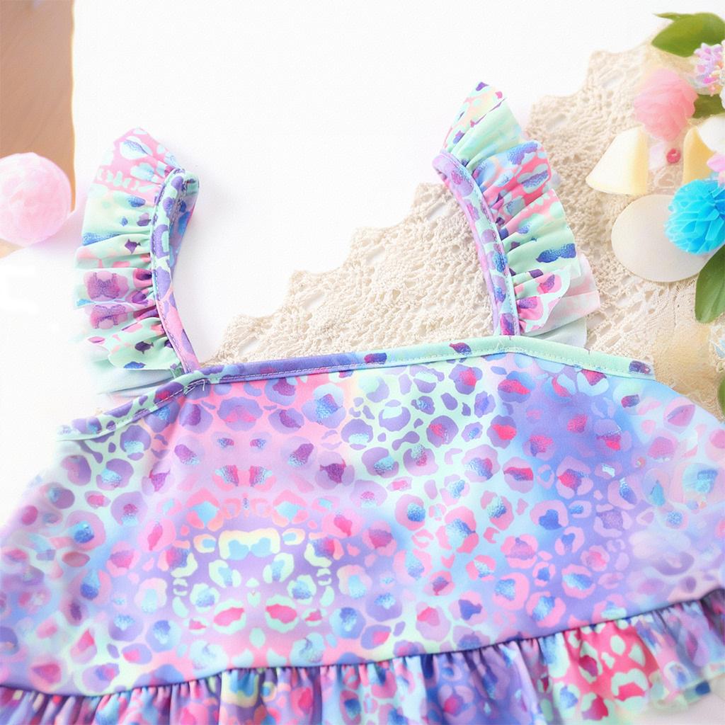 Girls Swimsuits With Ruffled Hem Cute Colorful Leopard Print Swimwear 2 Piece Bathing Suits For 4-10 Years Hawaiian Bikini Set