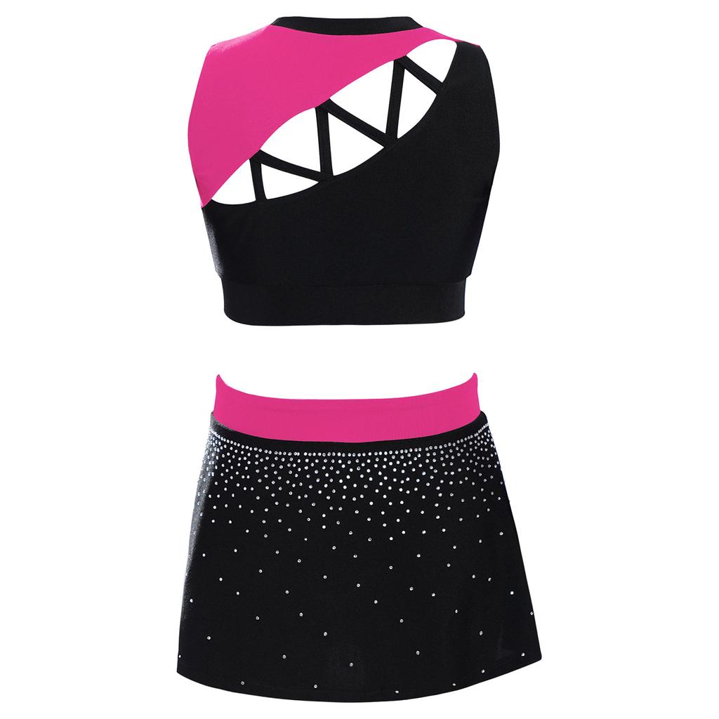 Girls Dance Crop Top and Skirt Set Sleeveless Rhinestone Design Side Slit Cheerleading Costume