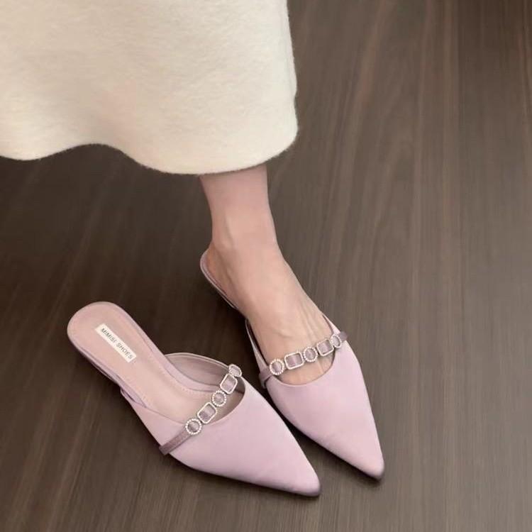 Baotou Rhinestone Half Slippers Women's Wear 2025 Summer New Fashion Pointed Cool Slippers Thin Heel Lazy Muller Shoes