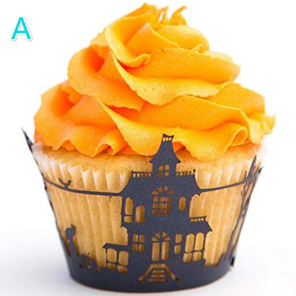 

12 шт./набор бумажных стаканчиков для Хэллоуина с изображением паутины, тыквы, замка ужасов, обертка для торта A-12PCS