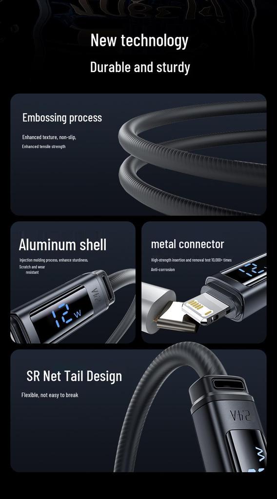 Tookci 2.4A Fast Charging Silicone Data Cable with Digital Display for iPhone 14/13/12