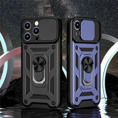 Luxury Shockproof Slide Armor Ring Phone Case For iPhone 15 14 13 12 11 Pro Max X XR XS Max 7 8 15 Plus Lens Protect Stand Holder Hard PC Back Cover