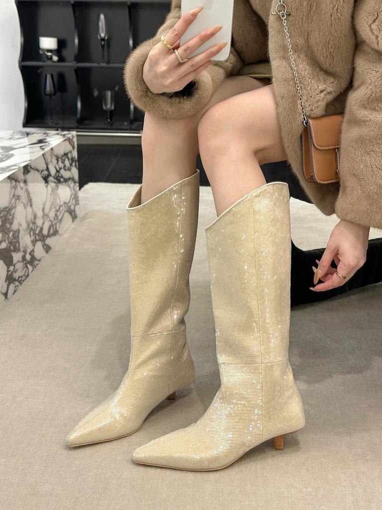 Vintage pointed boots children's season premium sense sequins cat and tall boots knight boots