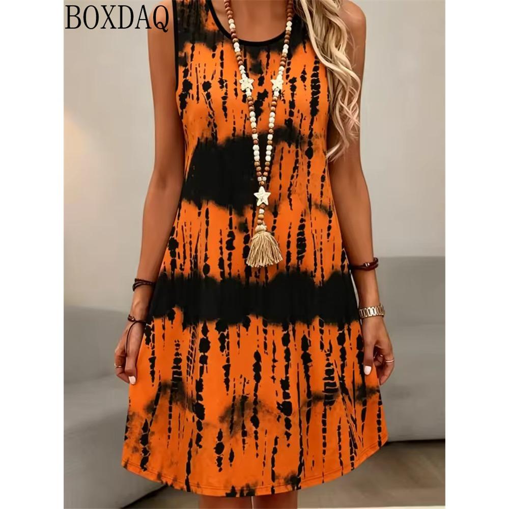 Summer Women's Tie Dye Striped Printed Round Neck Sleeveless Dress Elegant and Loose Women's Clothing New Style