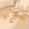 8Pcs/Set Vintage Pink Resin Peach Heart Rings for Women Men Fashion Metal Pleated Pearl Flower Rings Set Bohemia Jewelry Gifts