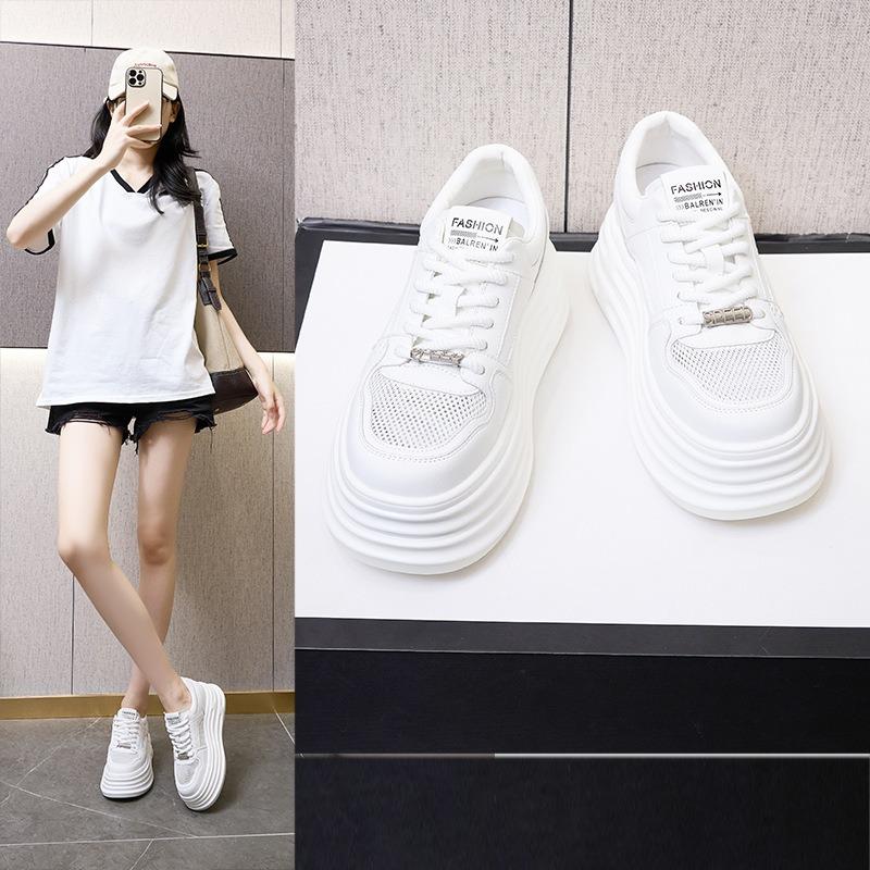Leather mesh white shoes women's platform sports shoes women's inner height increase casual lace-up board shoes women