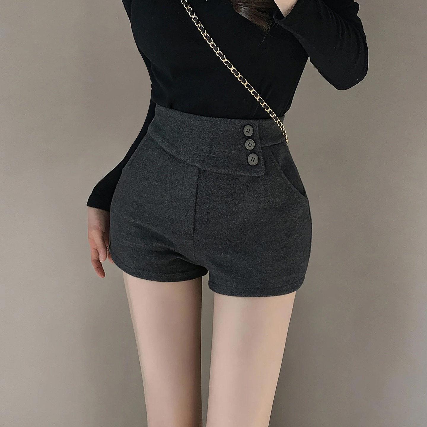 Women s Retro High-Waisted Wool Shorts – Slim-Fit Button-Down Style for Autumn/Winter Small серый