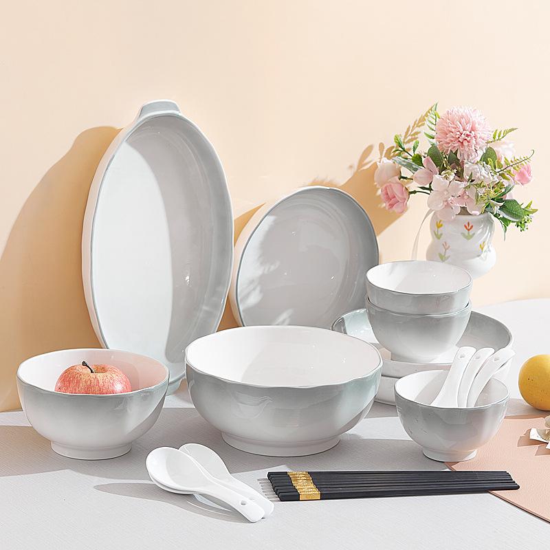 Simple Gray Gradual Change Bowl Set Household Dish Plate Combination High Value Gift Box Housewarming Gift Tableware