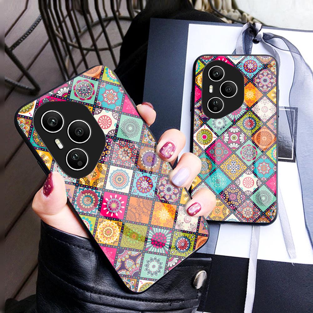 For Honor 400 Pro 5G (Global) Case Kickstand Ethnic Pattern Tempered Glass Phone Cover with Strap