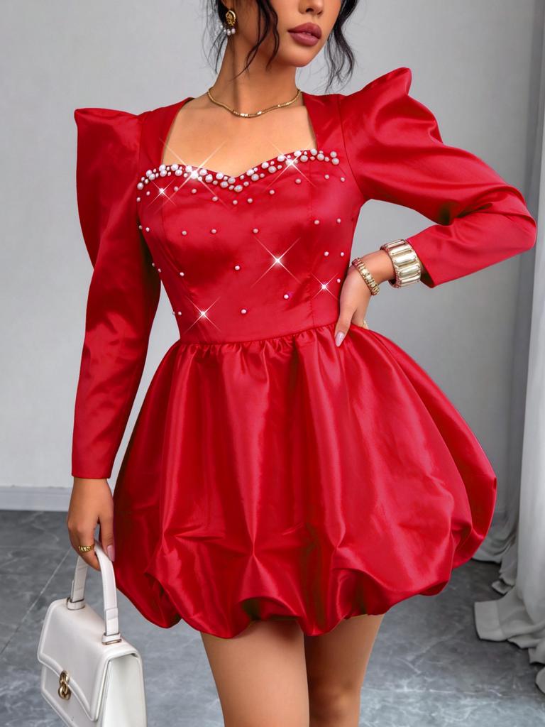 AOMEI Glossy A Line Mini Dress Sweetheart Neck Pearl Beaded Balloon Hem Gowns for Cocktail Party Birthday