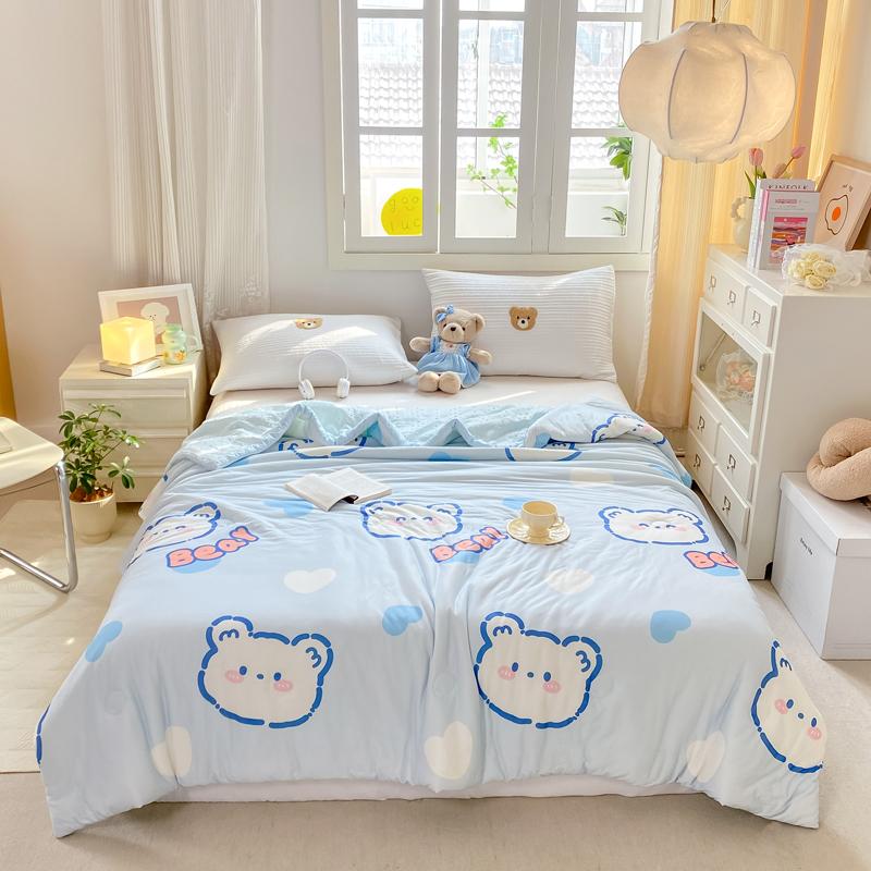 Cartoon Rainbow Bear Summer Quilt 100% Cotton Air Conditioning Thin Quilt for Kids Teens Multi-functional Nap Quilted Quilt