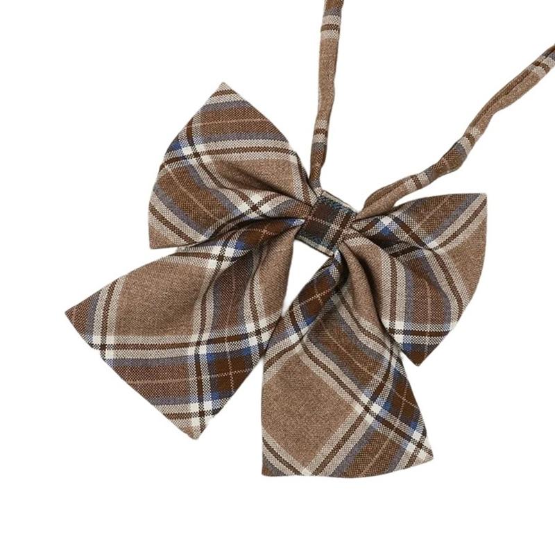 Brown Checkered Striped Neck Tie Pre-Tied Bowtie for Japanese JK School Uniform