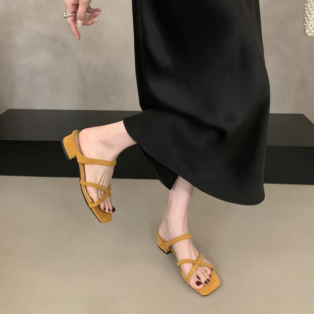 French Thick Heel Cross with Cool Slippers Fairy Shoes Wear 2025 Summer New Suede Open-toed Roman Sandals