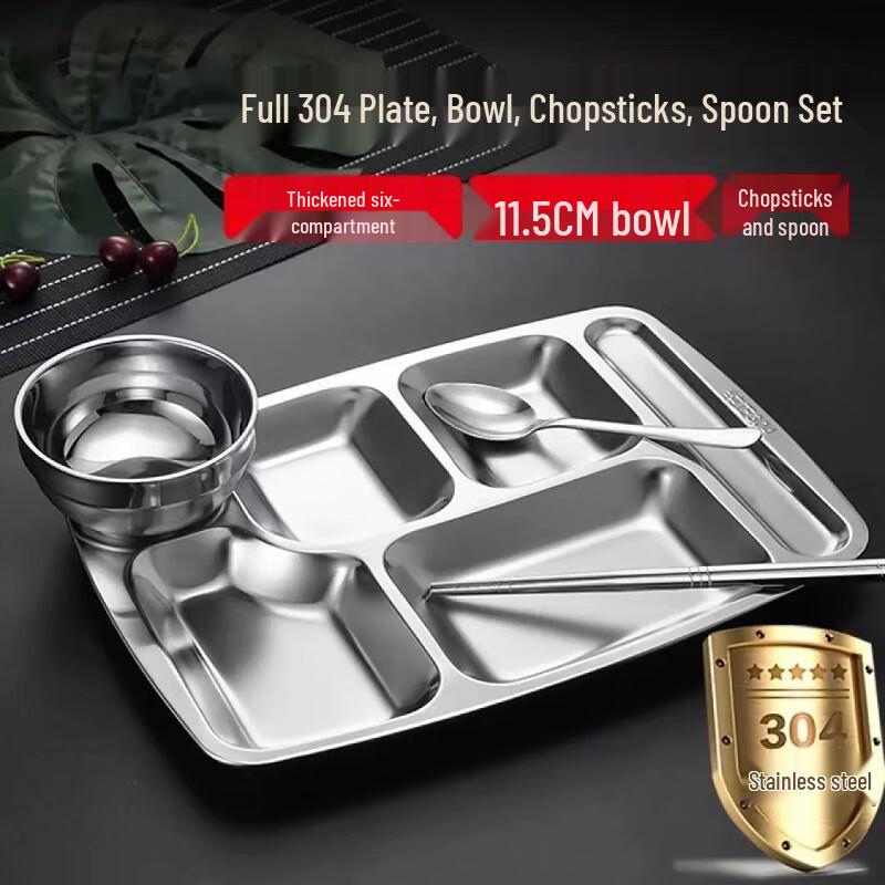 Mylang 304 Stainless Steel 6-Compartment Divided Meal Plate Set