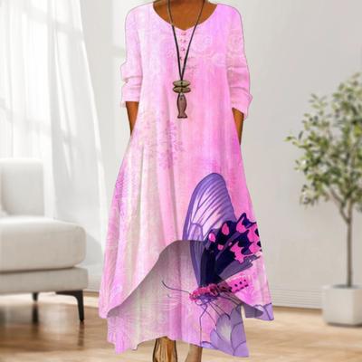 Frühlings- und Herbstkleid mit Taschen, Vintage-Blumendruck, V-Ausschnitt, unregelmäßiger Lagensaum, lockeres A-Linien-Maxikleid für die tägliche Arbeitsparty