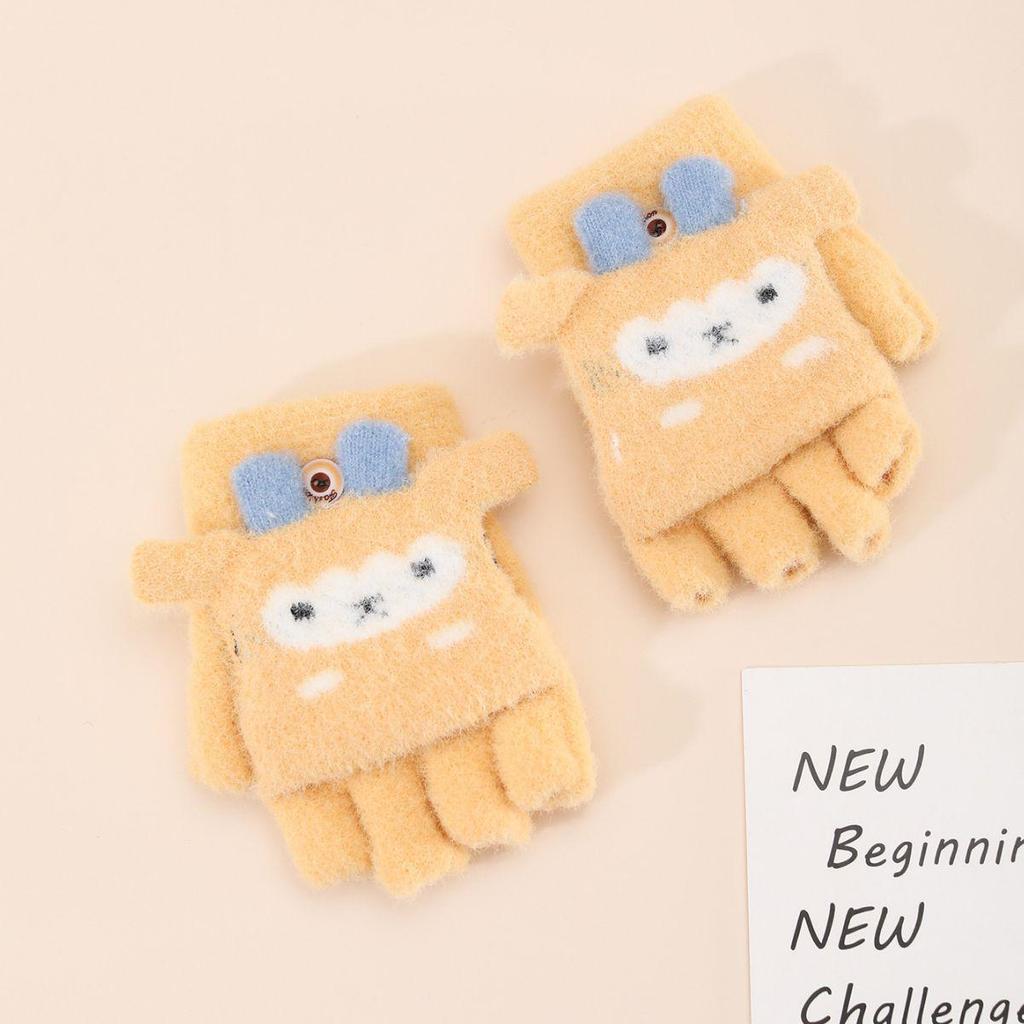 New Little Sheep Cartoon Kids Convertible Warm Wool Gloves - Half-Finger Design, Thick and Cozy for Children