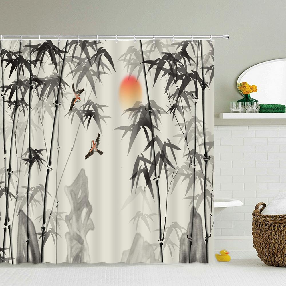 Chinese Style Flowers Bird Scenery Waterproof Shower Curtain Bath Curtains 3d Printing Bathroom with Hooks Washable Cloth Screen