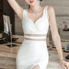 ISLAYCAOLILA DM0 Tamara Dress Deep and Perfect for or Party Women's (Small, White), Long, Tight, See-Through, V-Neck, Slit, Sleeveless, Sweater,
