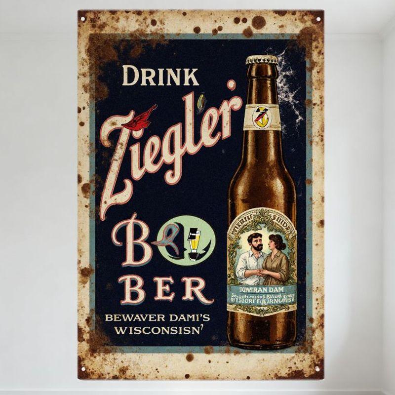 

Vintage Drink Ziegler Beer Tin Sign Rusty Weathered Metal Wall Decor with BEWAVER DAMS Wisconsin Bottle Illustration for Bar Pub 20x30cm（7.8x11.8inch）