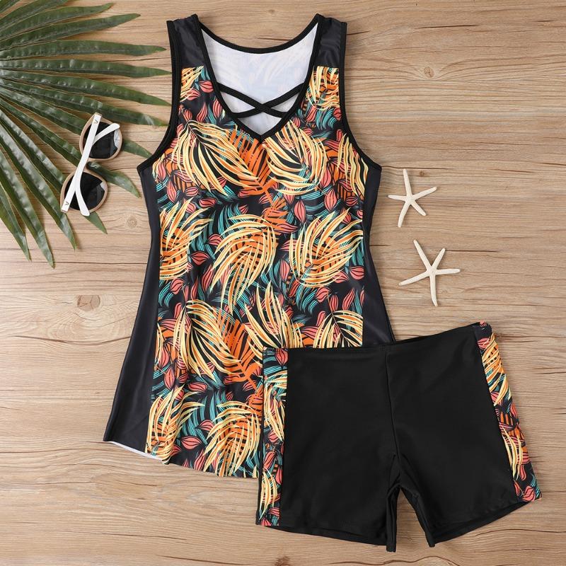 Women's Shoulder Strap Swimsuit Gradient Coconut Tree Print Bikini Tankini Swimsuit