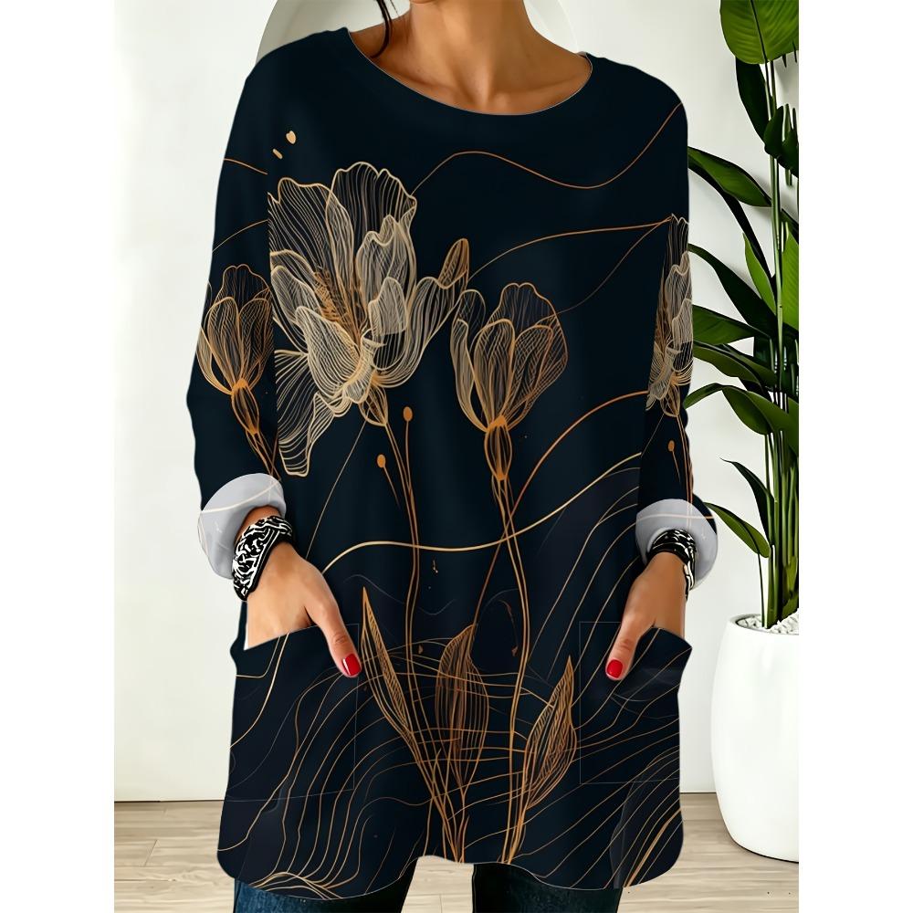 Women's large size with pocket design gold flower embroidered loose T-shirt women's autumn new long-sleeved fashion temperament versatile medium