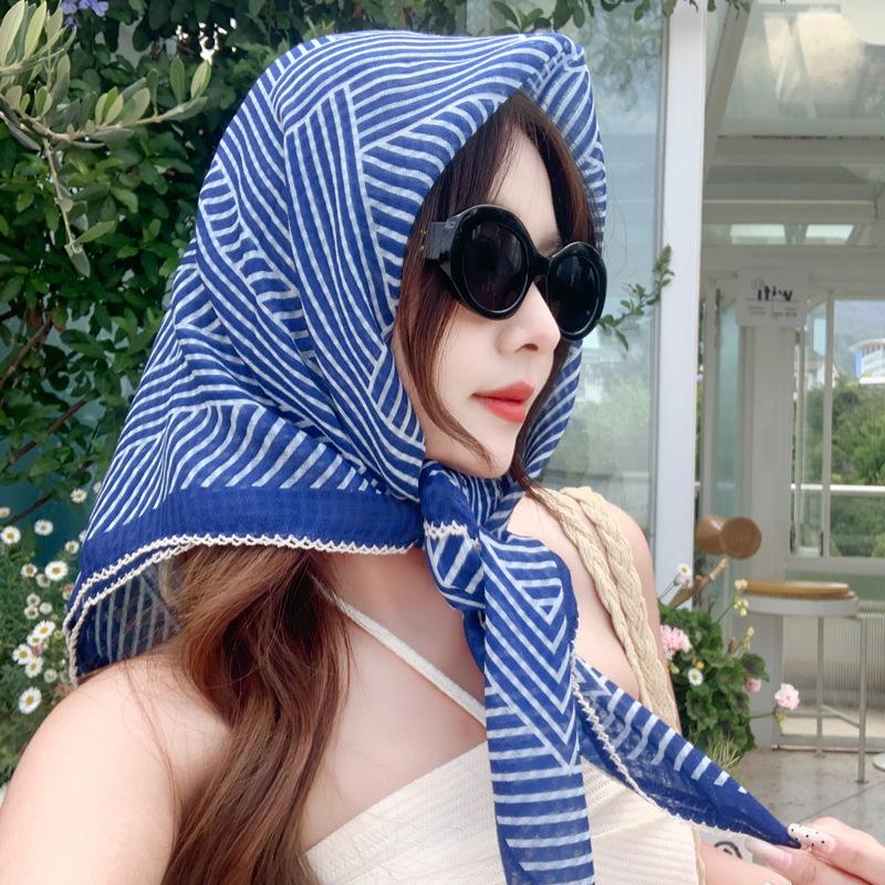 French striped 91 large square scarf cotton and linen silk scarf tube top women's belt summer seaside vacation headscarf sun protection shawl