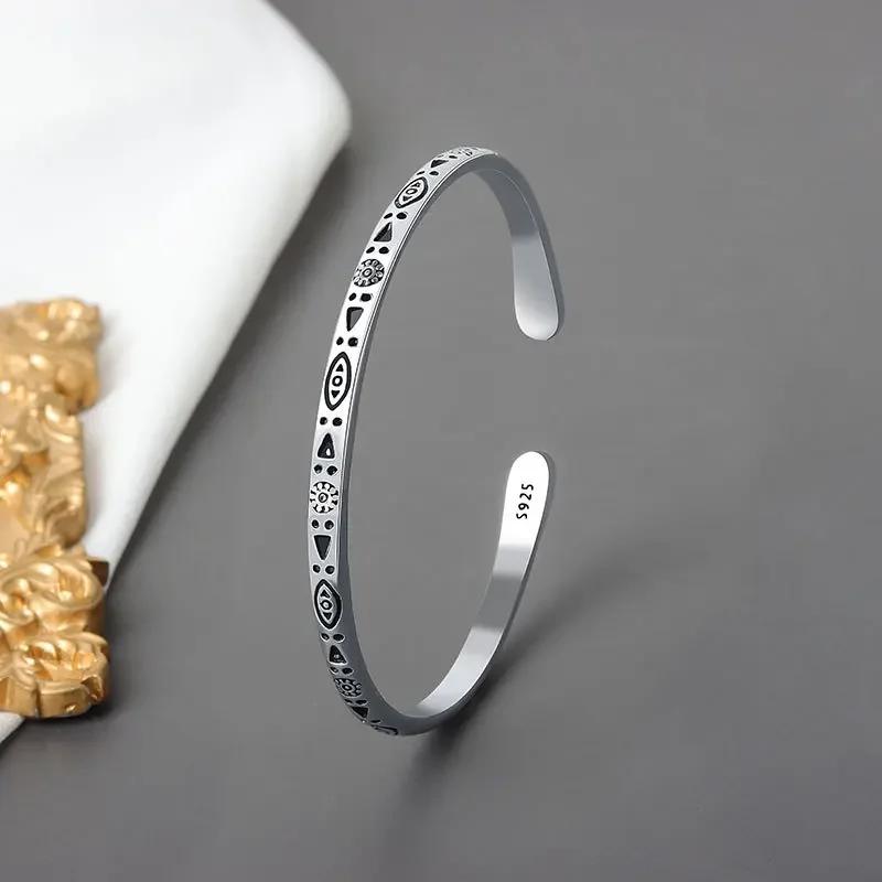 Bracelet Mantra Tibétain Six Caractères Rétro Écriture Lotus Ouverture Bracelet Plaqué Argent Ligne Torsadée Bracelet Manchette Homme