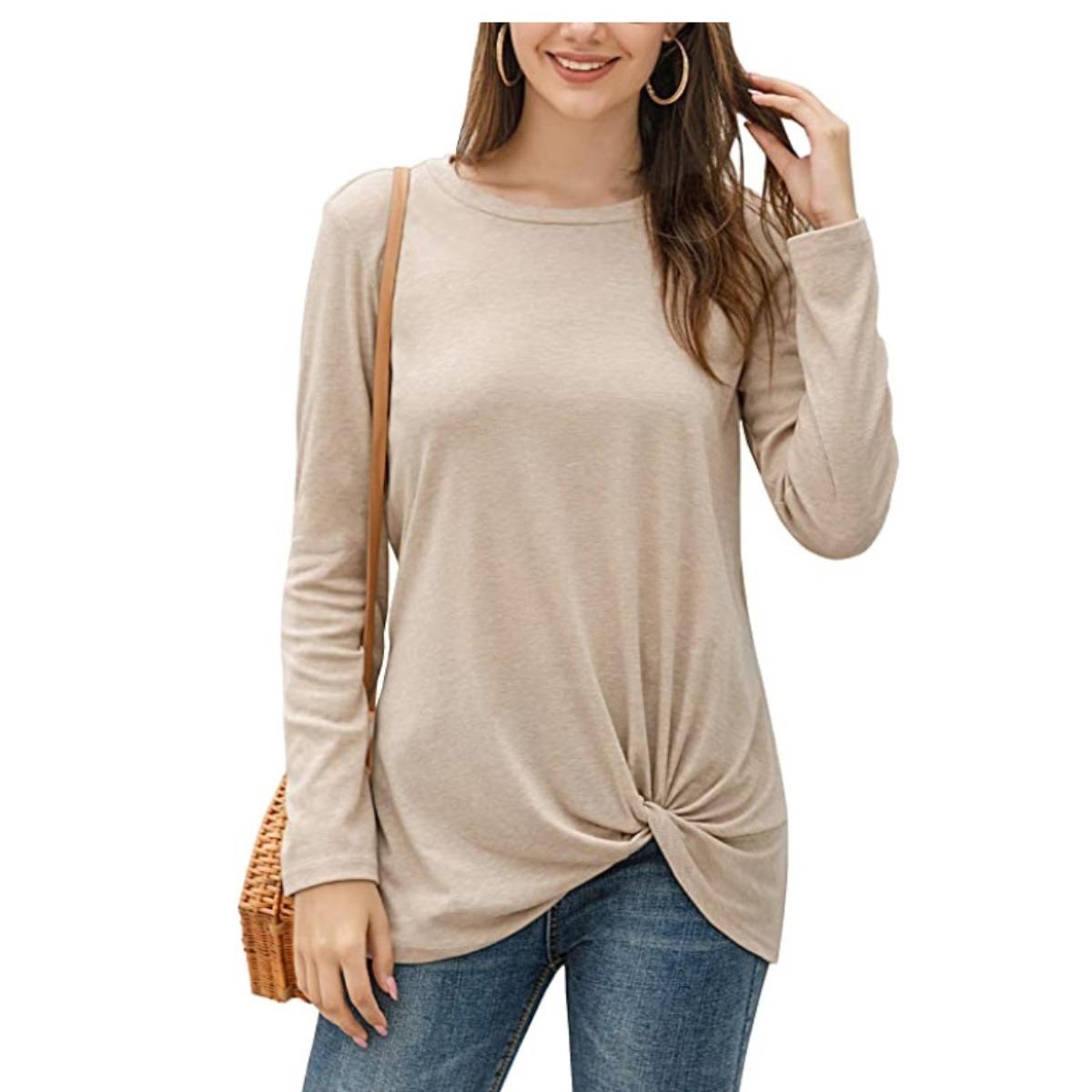Women s  Casual Comfortable Twisted Waist Cinched Crew Neck Pullover Blouse T-shirt S хаки