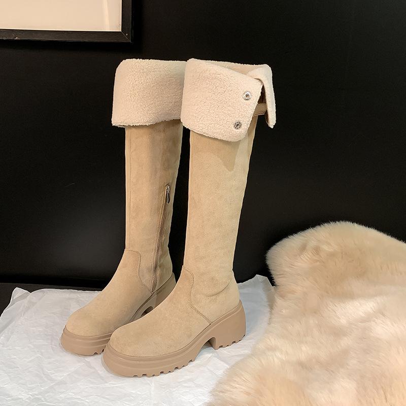 New spot grape mother of the same 2025 winter lamb wool thick heel medium and high boots over the knee boots women's autumn