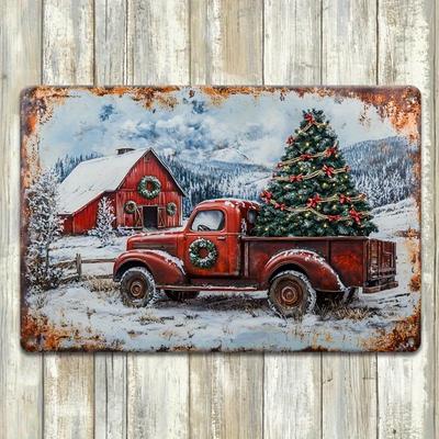 Płaski 2D 30*20cm, Drewniany znak z motywem vintage ciężarówki świątecznej i drzewka, Rustykalna drewniana dekoracja ścienna, Idealny prezent świąteczny, do domu, salonu, na drzwi, do kuchni,
