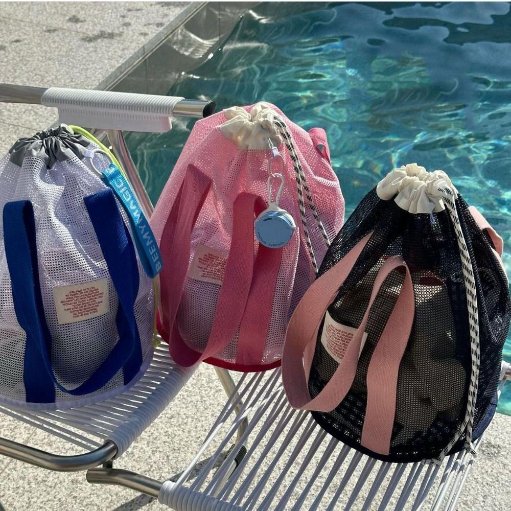 Drawstring Beach Net Bag Ins Mesh Clothing Pocket Lightweight Swimming Mesh Tote Outdoor