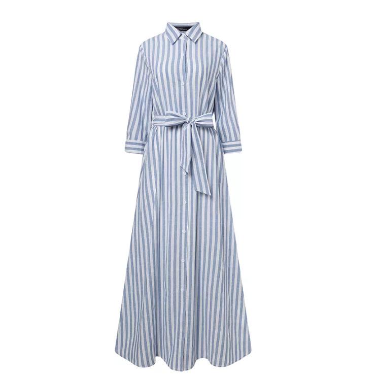 Striped Cotton Linen Yarn-Dyed Cardigan Dress with Belt